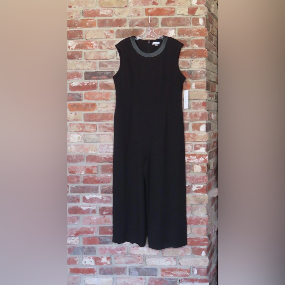 CALVIN KLEIN Womens 16 Black Leather Trim Sleeveless Crepe Jumpsuit Pleated Work